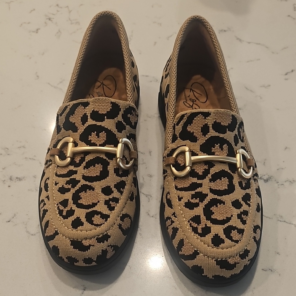 Leopard Print Slip-On Loafers with Gold Bit - Beige/Black